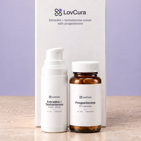 LovCura Estradiol + Testosterone (Cream · 45 mL) and Progesterone (90 capsules), illustrative product photo