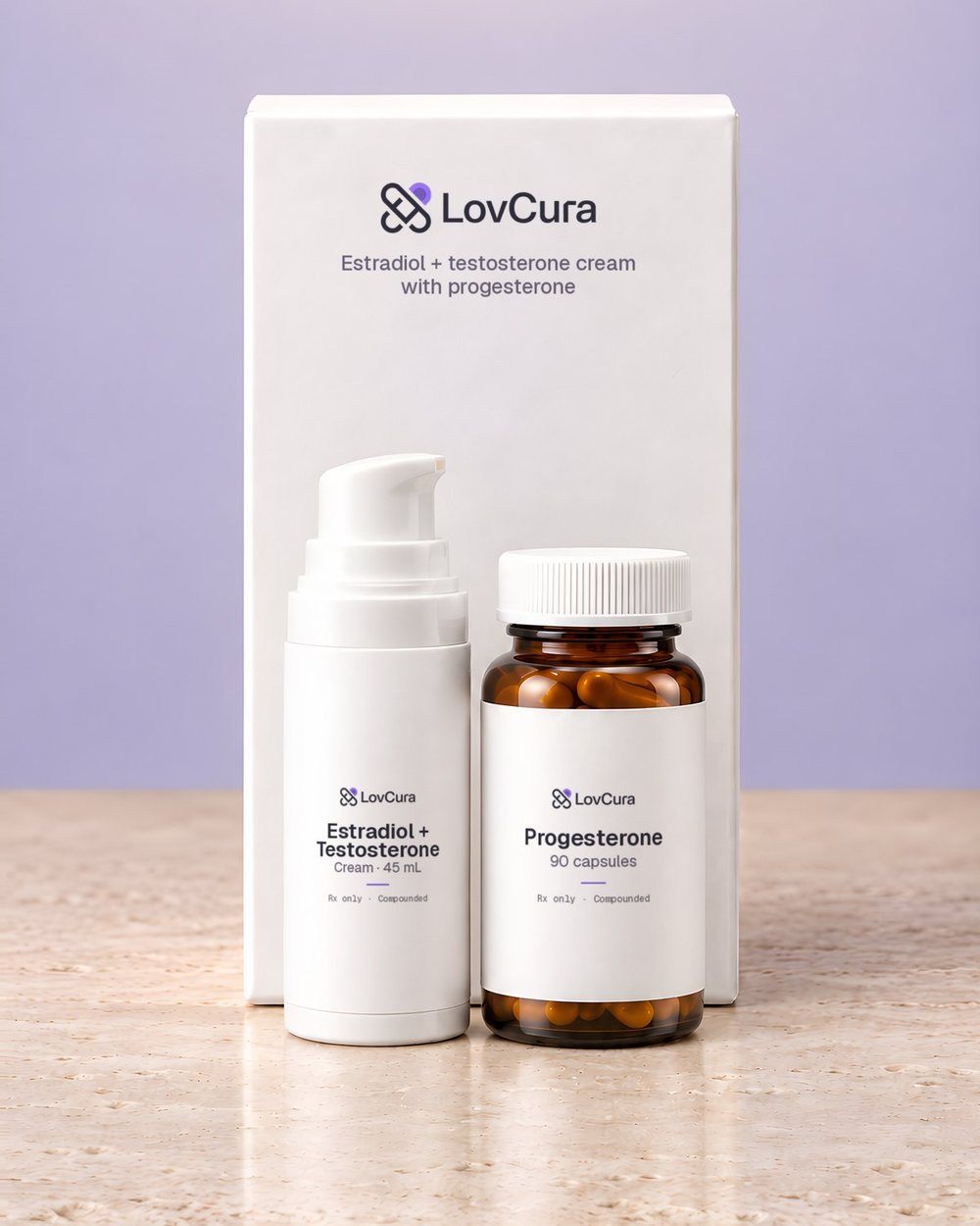 LovCura Estradiol + Testosterone (Cream · 45 mL) and Progesterone (90 capsules), illustrative product photo