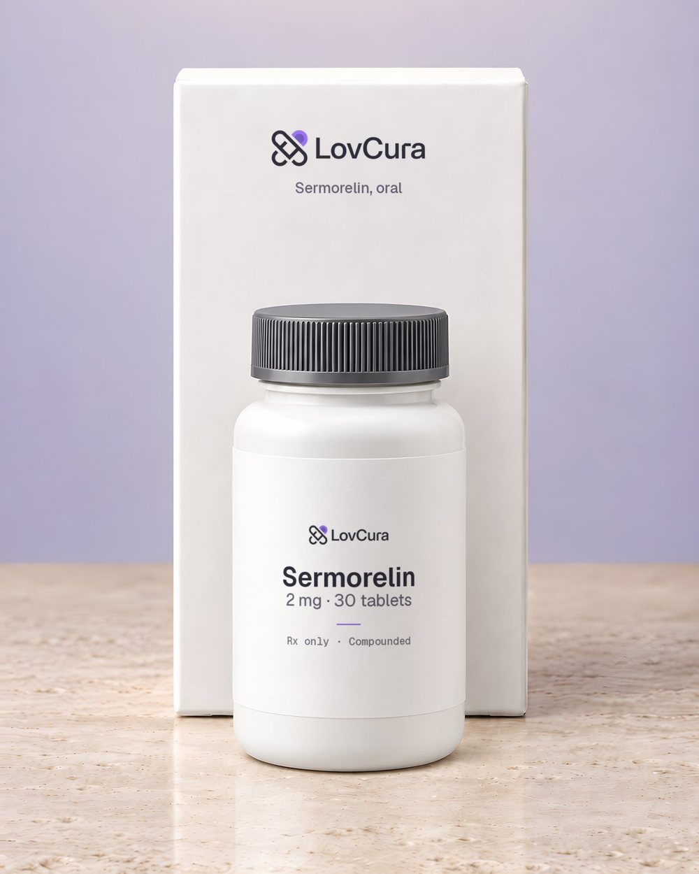LovCura Sermorelin (2 mg · 30 tablets), illustrative product photo